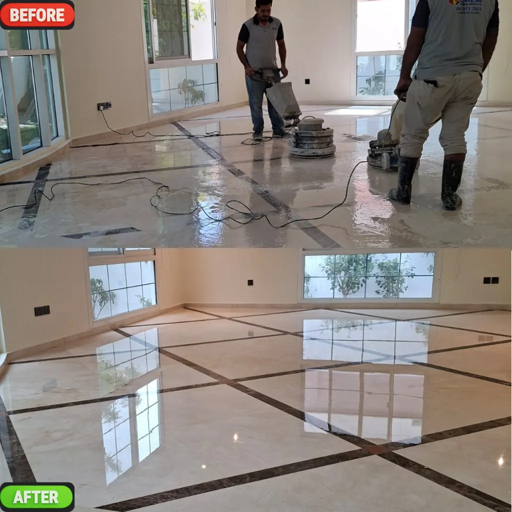 Marble technician inspecting and polishing a floor in Dubai