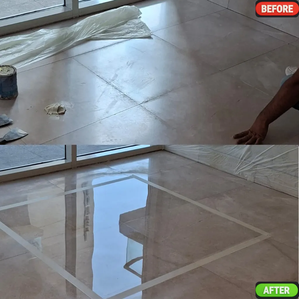 Marble floor before and after polishing, showing dull and restored areas