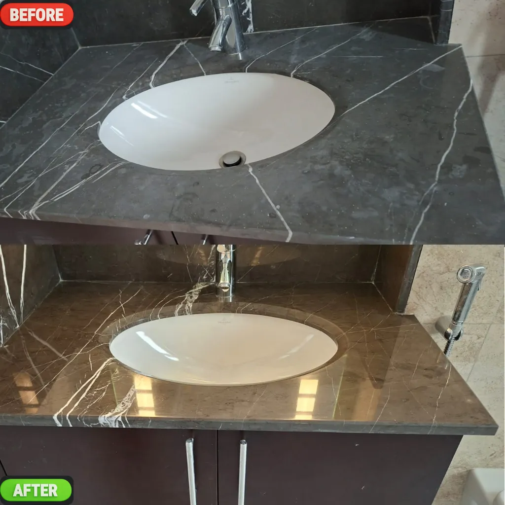 Marble wash basin before and after restoration