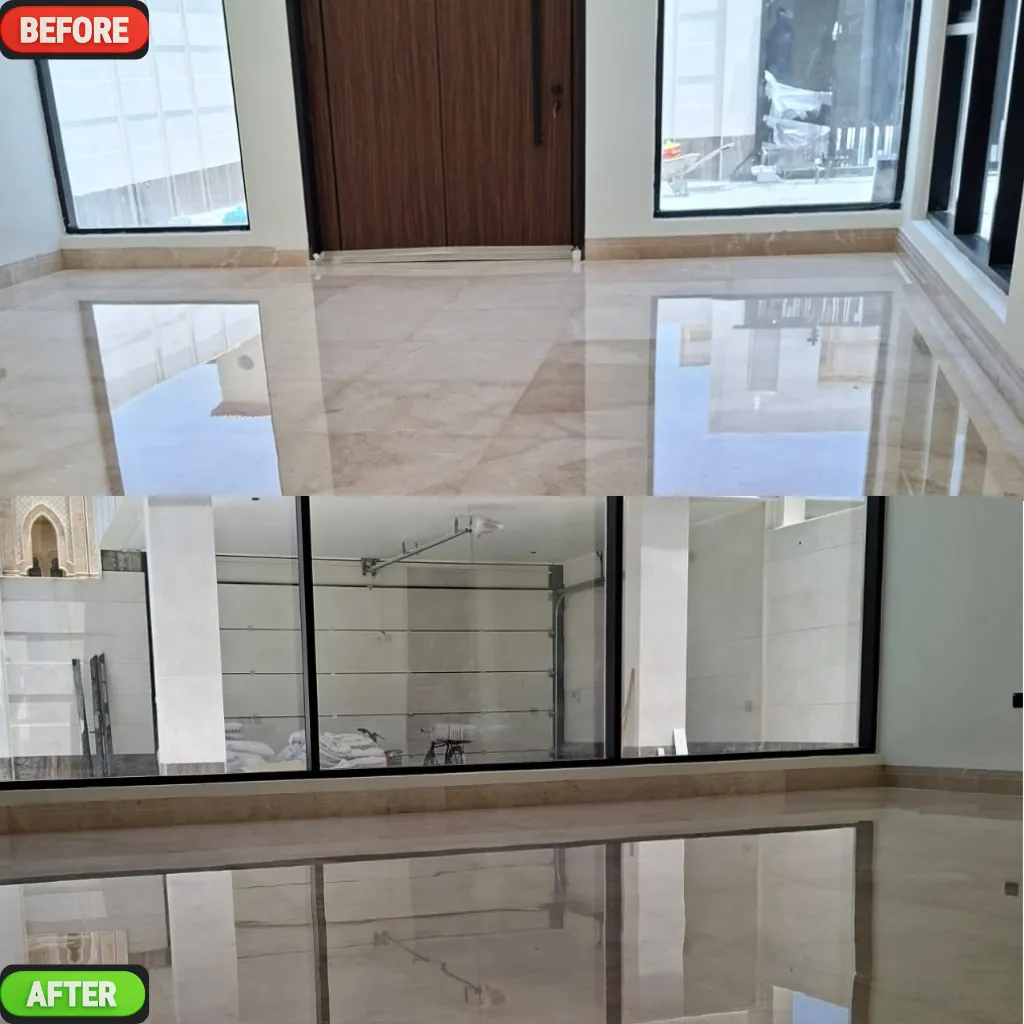 Marble floor before and after polishing in a Dubai villa